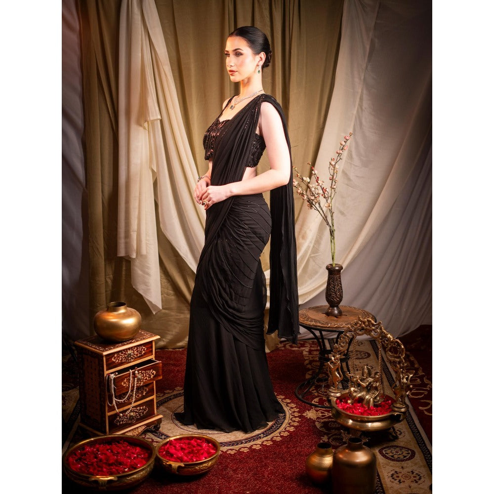 Sainy Garg Couture Black Celestine Fusion Pre-Drape Saree with Stitched Blouse