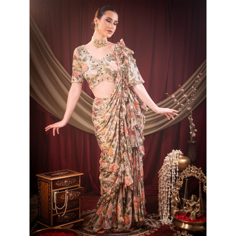 Sainy Garg Couture Multi-Colour Nirvana Fusion Pre-Drape Saree with Stitched Blouse