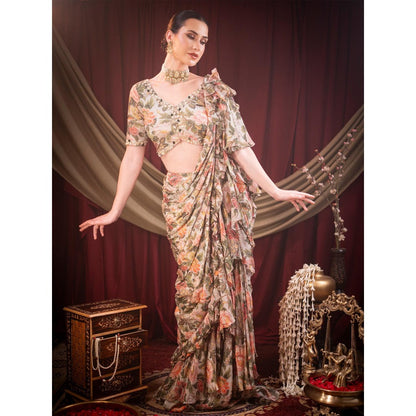 Sainy Garg Couture Multi-Colour Nirvana Fusion Pre-Drape Saree with Stitched Blouse