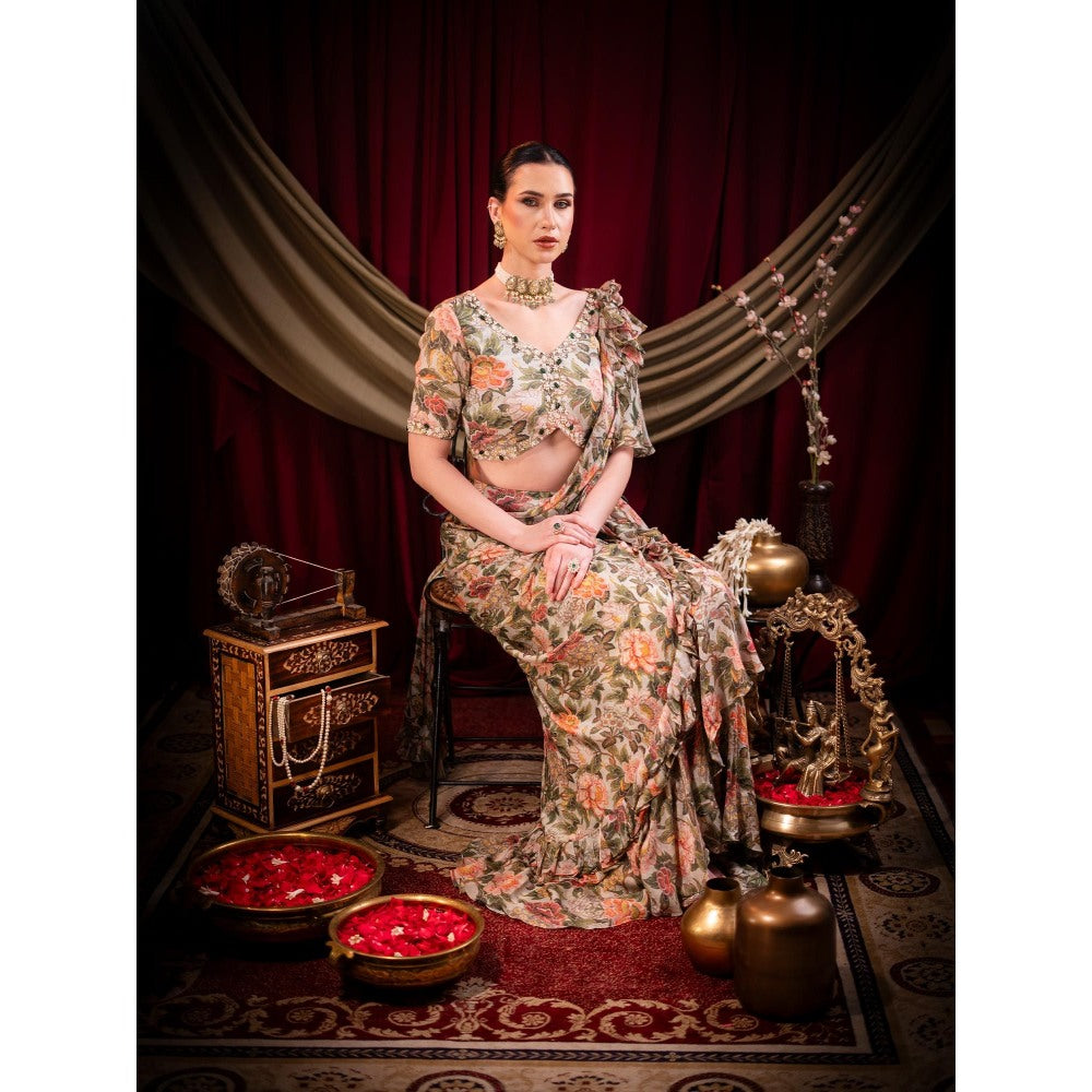 Sainy Garg Couture Multi-Colour Nirvana Fusion Pre-Drape Saree with Stitched Blouse