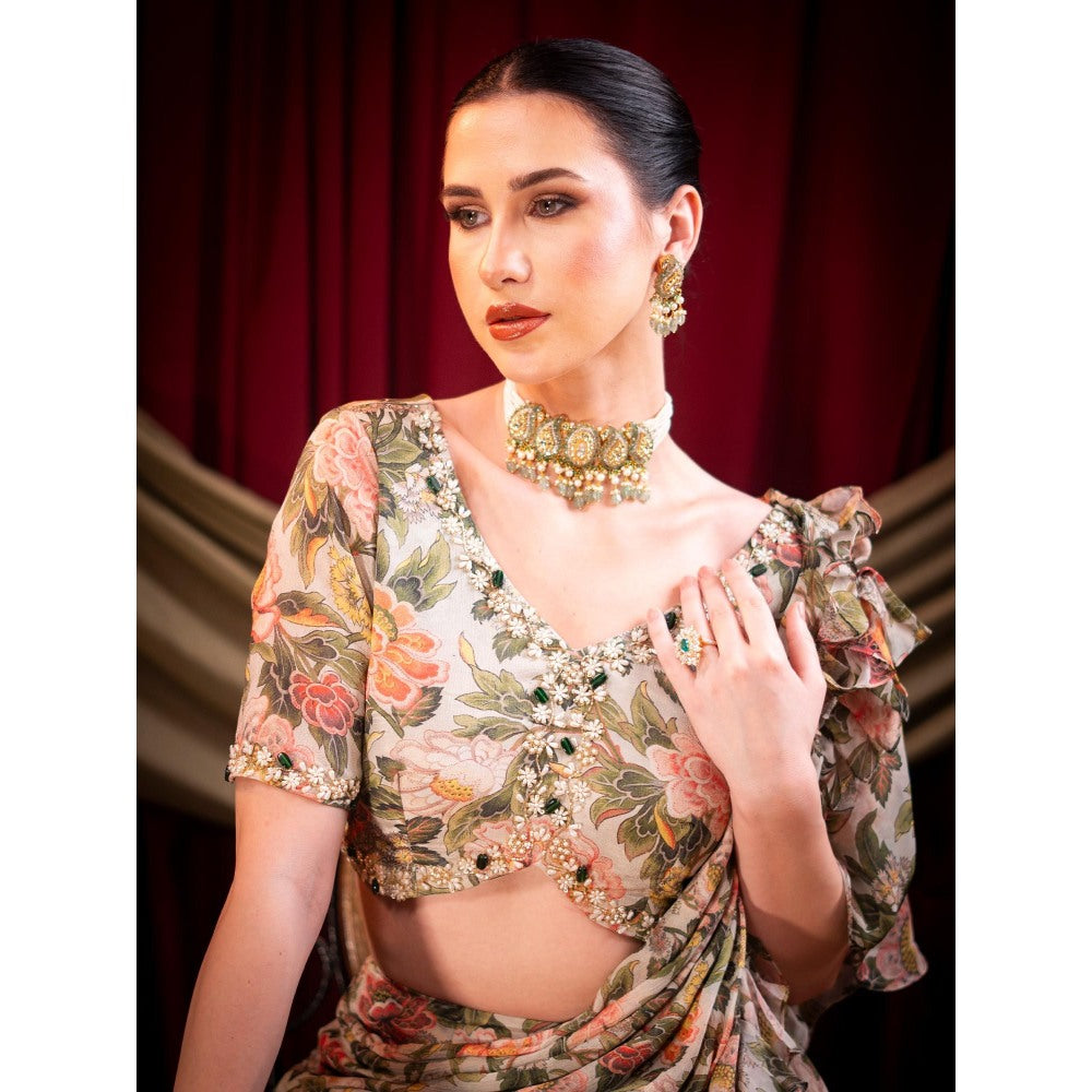 Sainy Garg Couture Multi-Colour Nirvana Fusion Pre-Drape Saree with Stitched Blouse