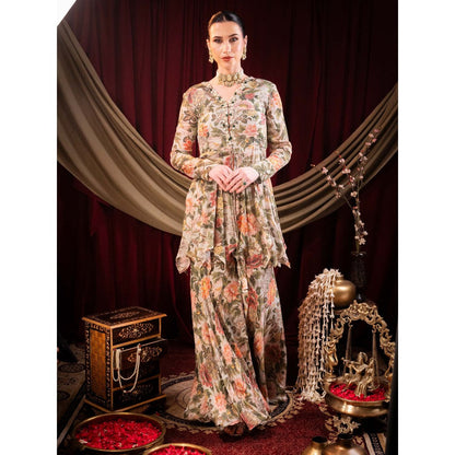 Sainy Garg Couture Beige Rani Sita Devi Sharara with Peplum Top (Set of 2)