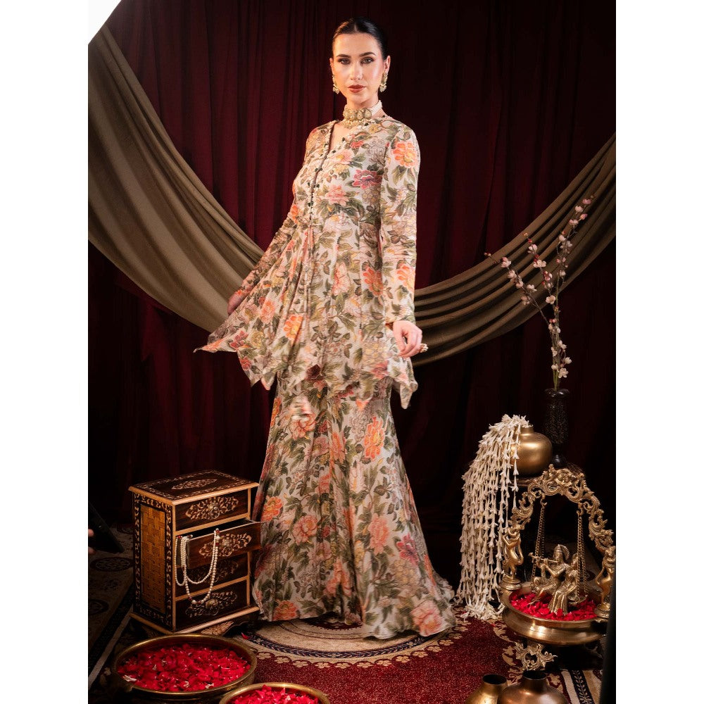 Sainy Garg Couture Beige Rani Sita Devi Sharara with Peplum Top (Set of 2)