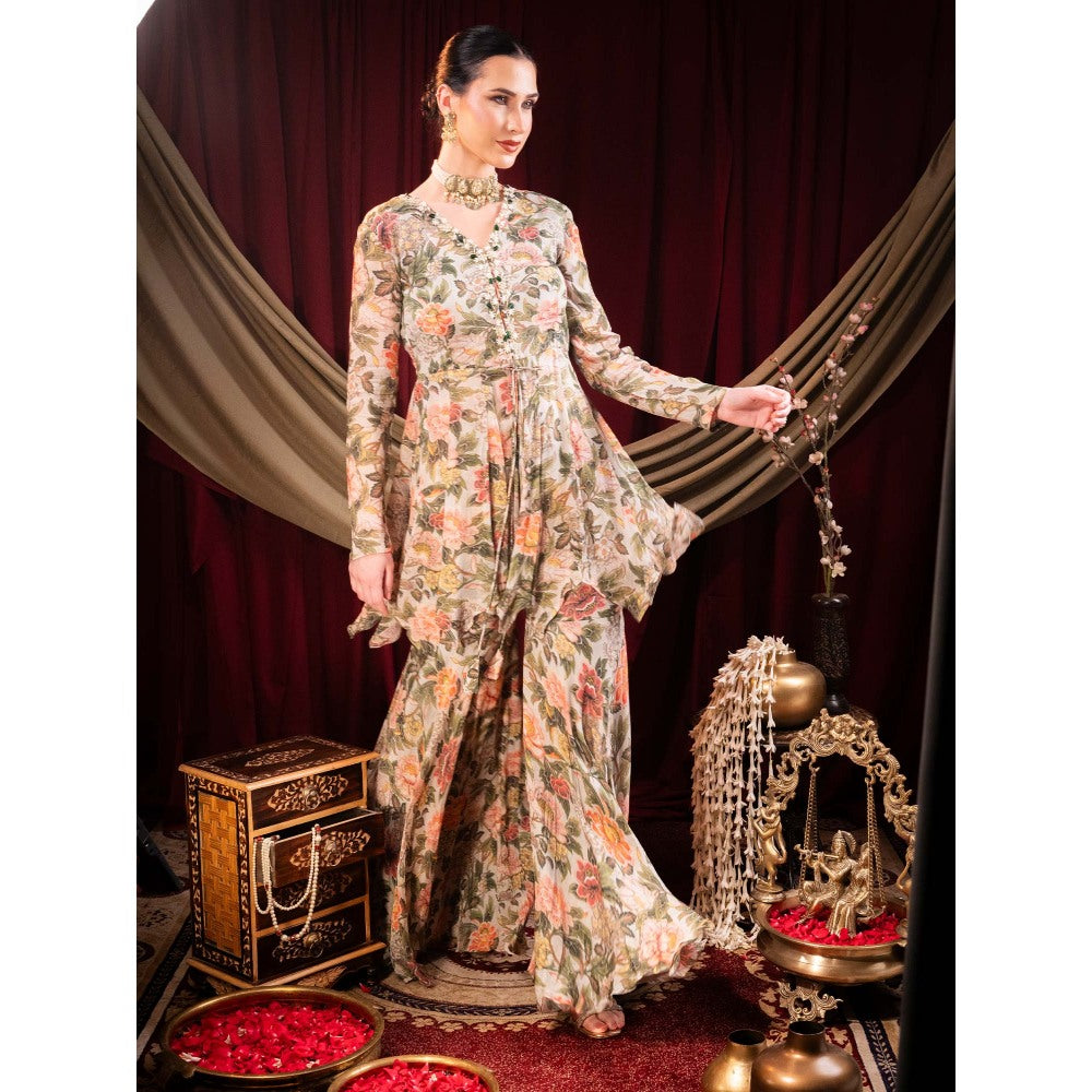Sainy Garg Couture Beige Rani Sita Devi Sharara with Peplum Top (Set of 2)