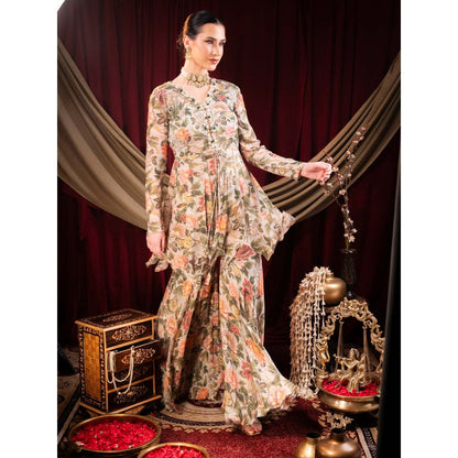 Sainy Garg Couture Beige Rani Sita Devi Sharara with Peplum Top (Set of 2)