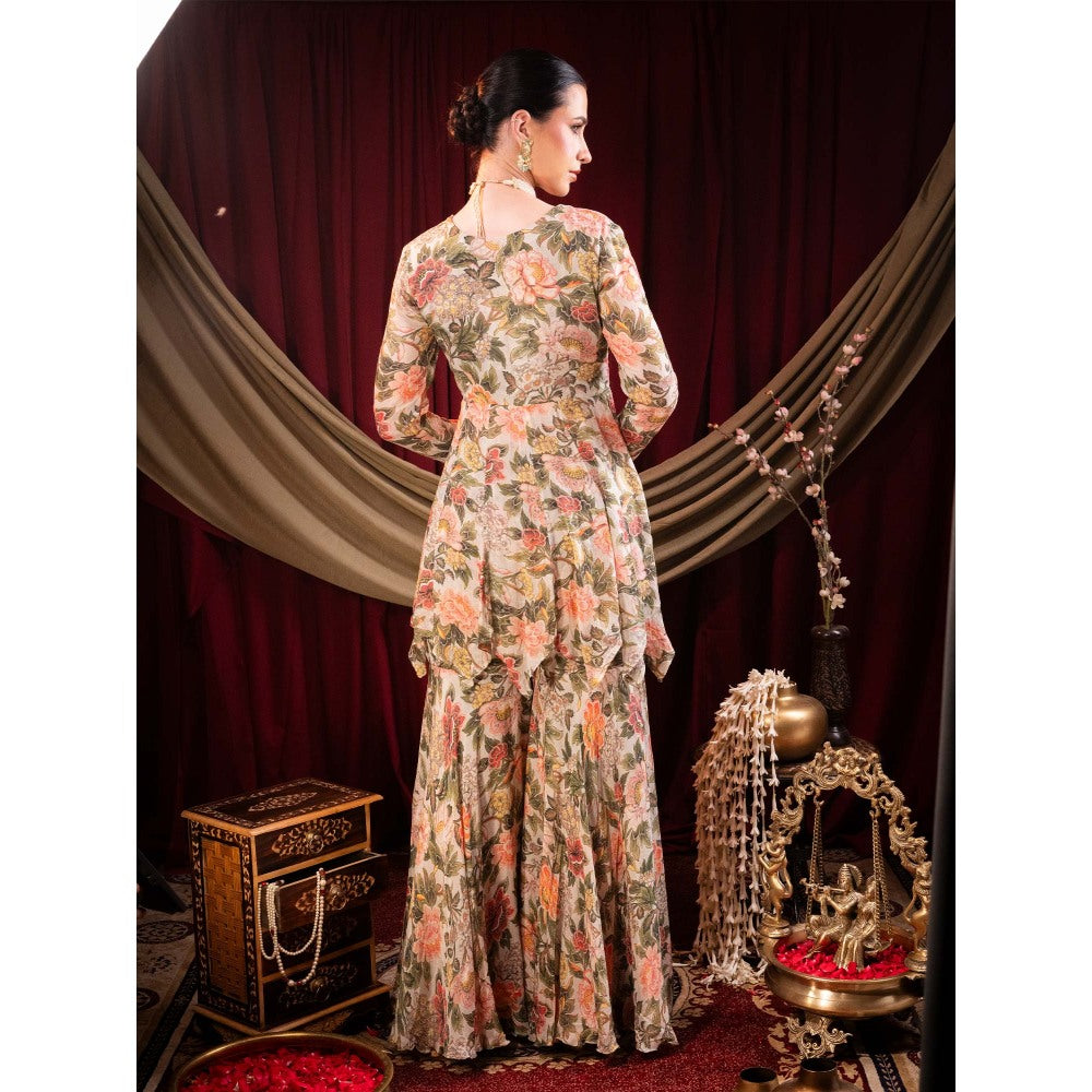 Sainy Garg Couture Beige Rani Sita Devi Sharara with Peplum Top (Set of 2)