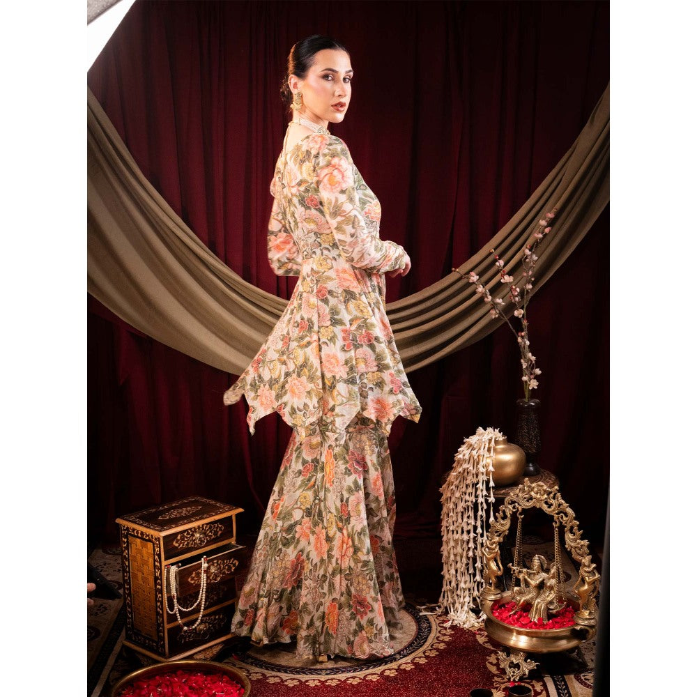 Sainy Garg Couture Beige Rani Sita Devi Sharara with Peplum Top (Set of 2)