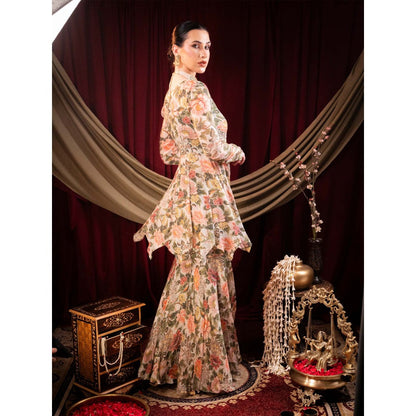 Sainy Garg Couture Beige Rani Sita Devi Sharara with Peplum Top (Set of 2)