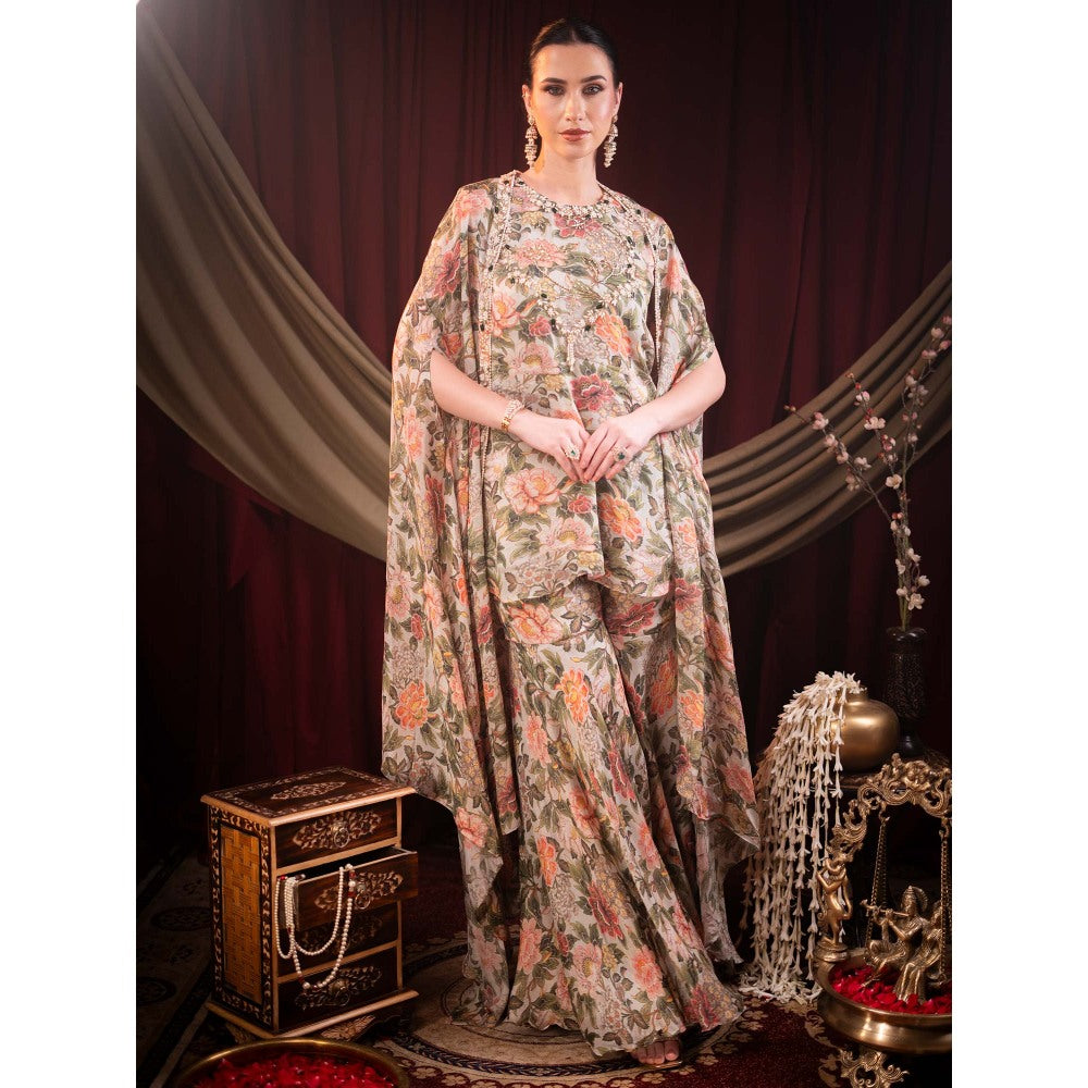 Sainy Garg Couture Beige Aurora Sharara with Top and Cape (Set of 3)