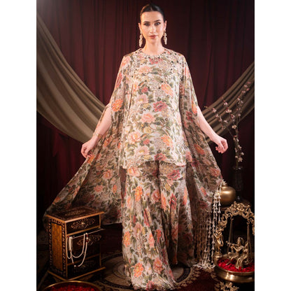 Sainy Garg Couture Beige Aurora Sharara with Top and Cape (Set of 3)