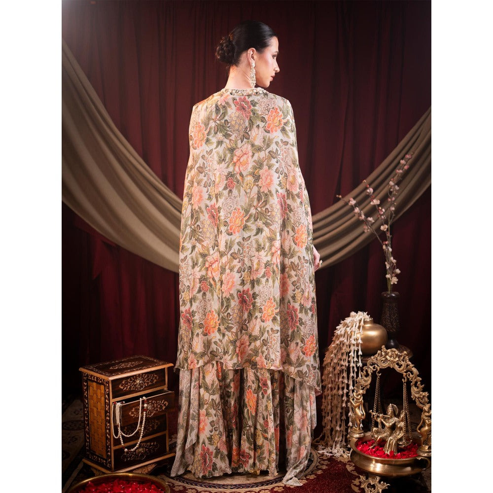 Sainy Garg Couture Beige Aurora Sharara with Top and Cape (Set of 3)