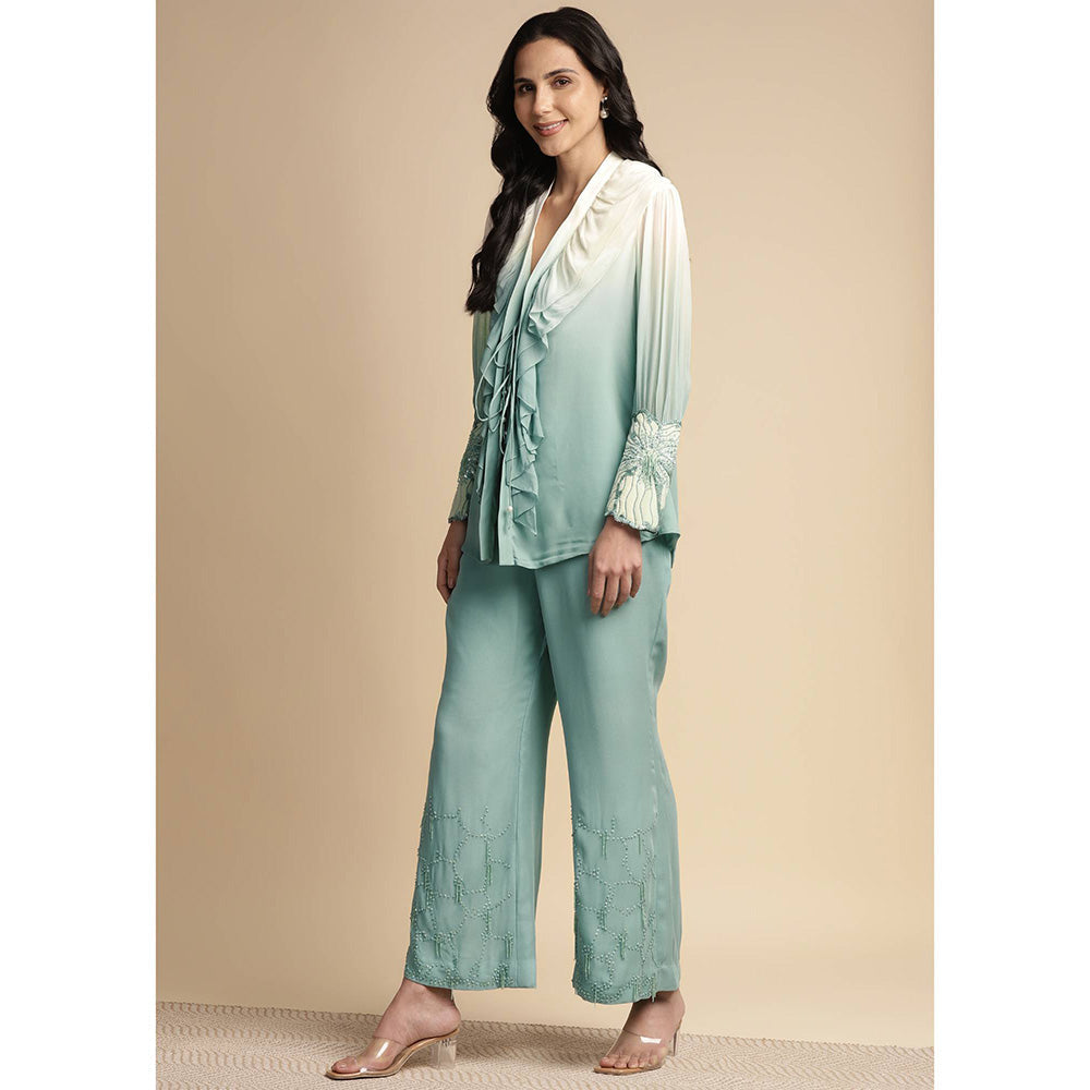 SAKSHI KHETTERPAL Mint Green Ombre Ruffle Tie-Up Co-Ord (Set of 2)