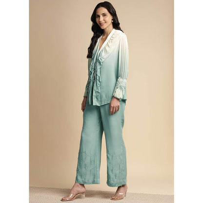 SAKSHI KHETTERPAL Mint Green Ombre Ruffle Tie-Up Co-Ord (Set of 2)