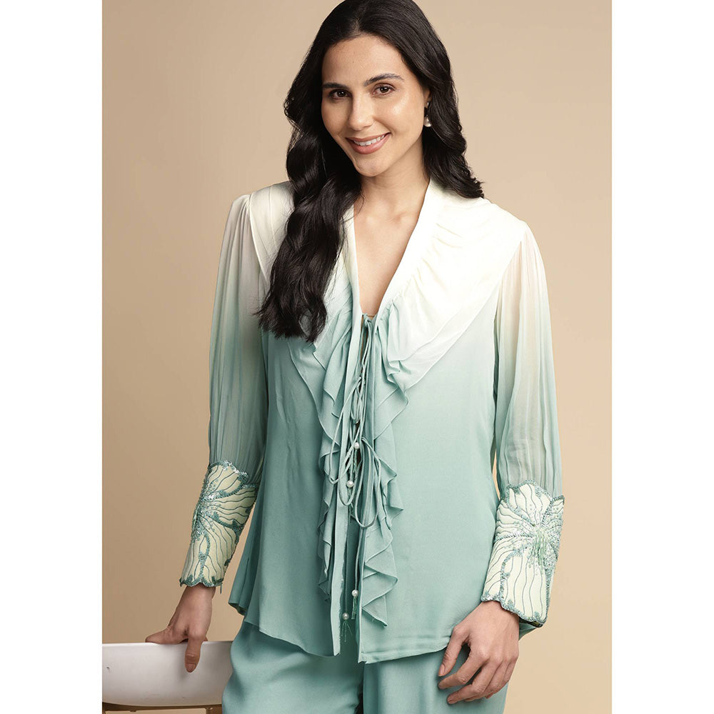 SAKSHI KHETTERPAL Mint Green Ombre Ruffle Tie-Up Co-Ord (Set of 2)