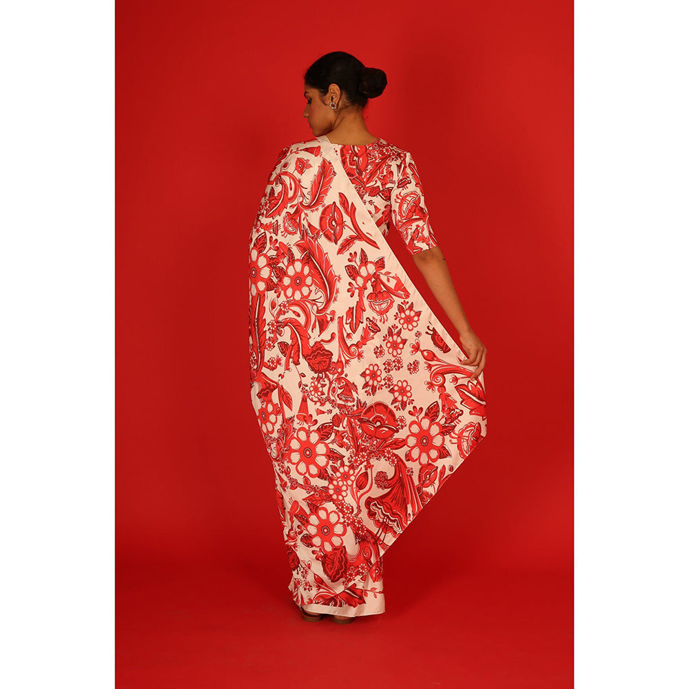 Saksham & Neharicka Red & Ivory Printed Saree with Unstitched Blouse
