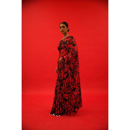 Saksham & Neharicka Red And Black Saree In Satin with Unstitched Blouse
