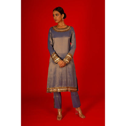Saksham & Neharicka Blue Hand Embroidered Metal Kurta In Silk Tissue with Pant (Set of 2)