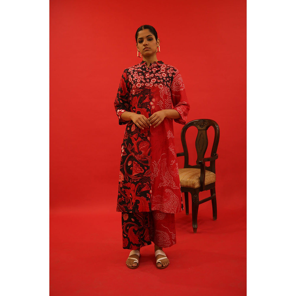 Saksham & Neharicka Red and Black Printed Kurta In Chanderi