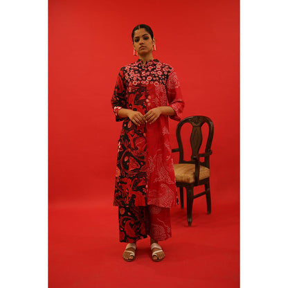Saksham & Neharicka Red and Black Printed Kurta In Chanderi