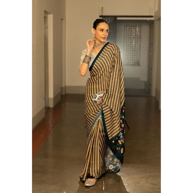 Saksham & Neharicka Multi Coloured Printed Saree with Unstitched Blouse