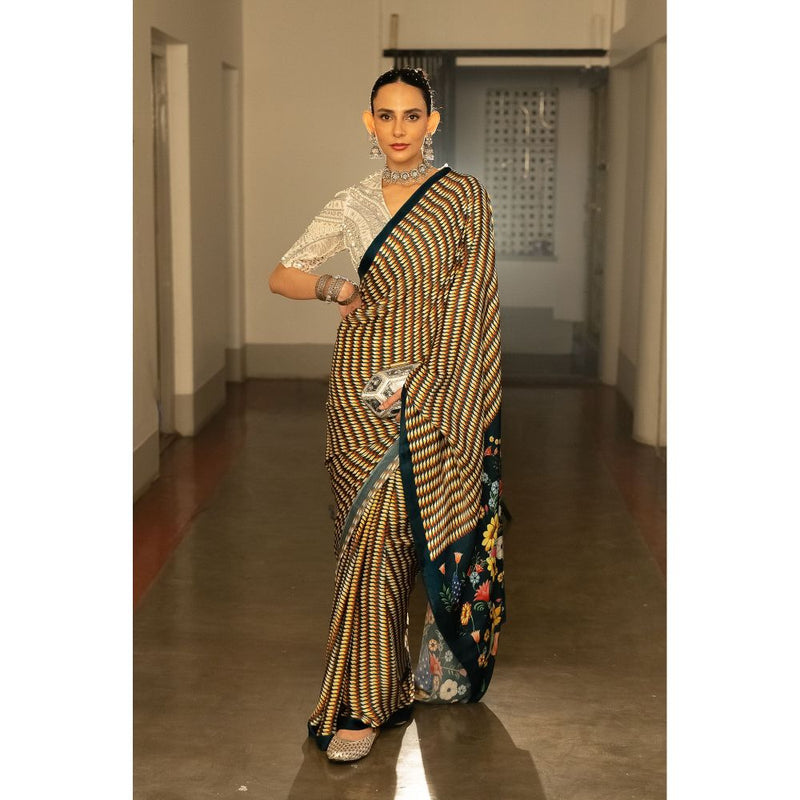 Saksham & Neharicka Multi Coloured Printed Saree with Unstitched Blouse