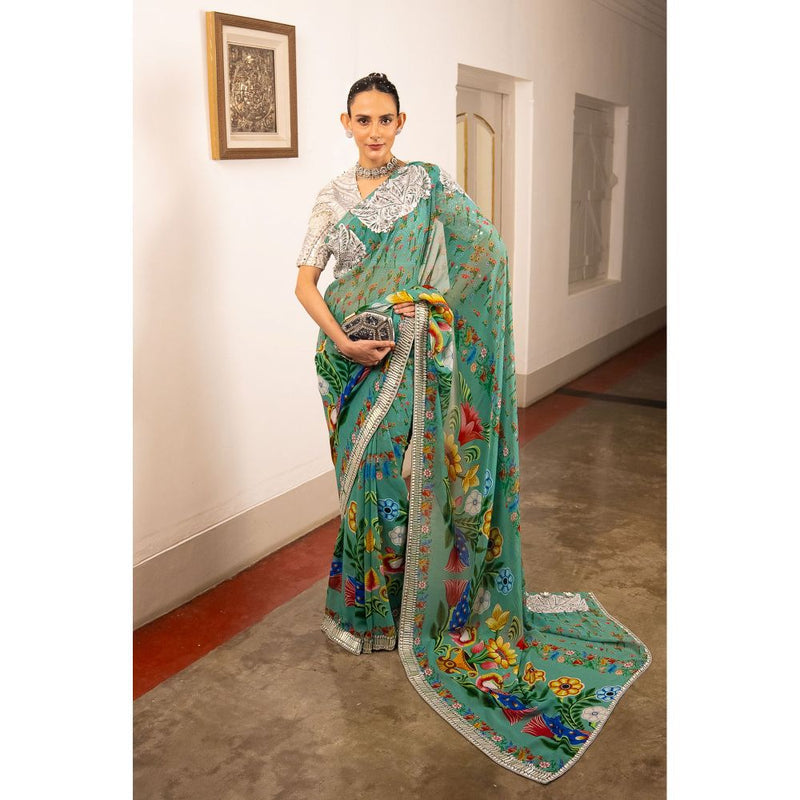 Saksham & Neharicka Green Printed and Embellished Georgette Saree with Stitched Blouse