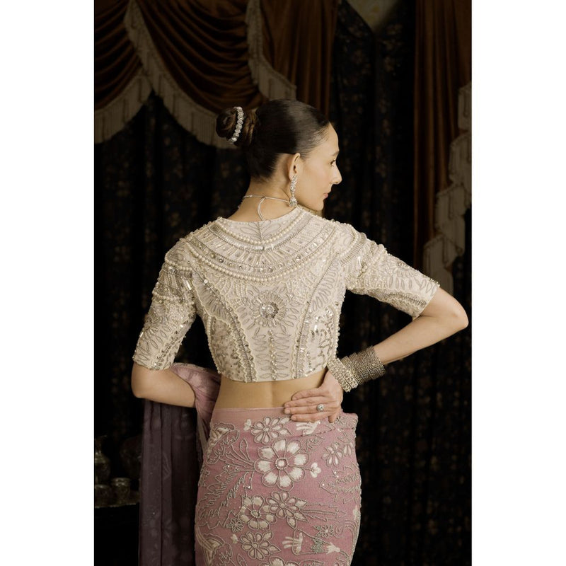 Saksham & Neharicka Green Printed and Embellished Georgette Saree with Stitched Blouse