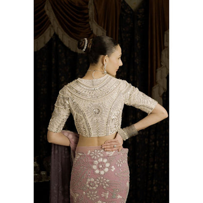 Saksham & Neharicka Green Printed and Embellished Georgette Saree with Stitched Blouse