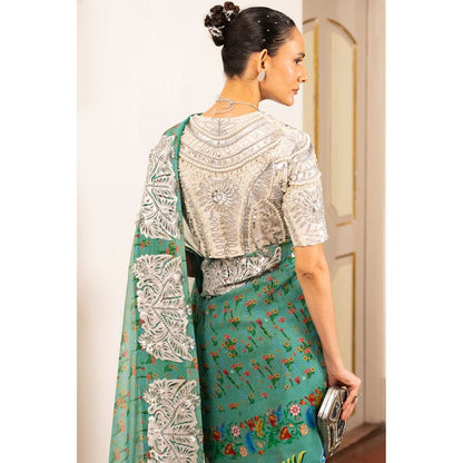 Saksham & Neharicka Green Printed and Embellished Georgette Saree with Stitched Blouse