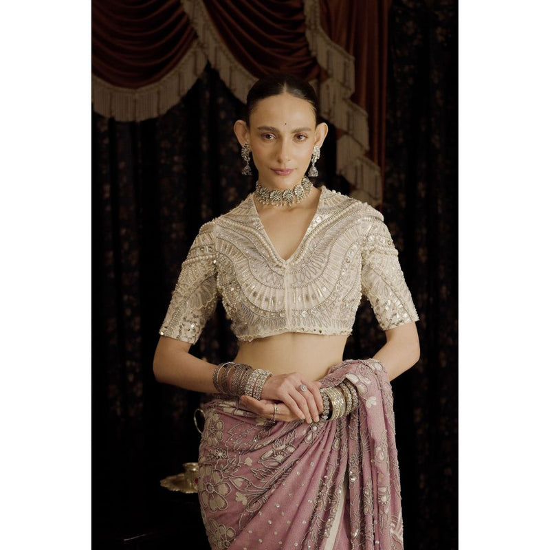 Saksham & Neharicka Green Printed and Embellished Georgette Saree with Stitched Blouse