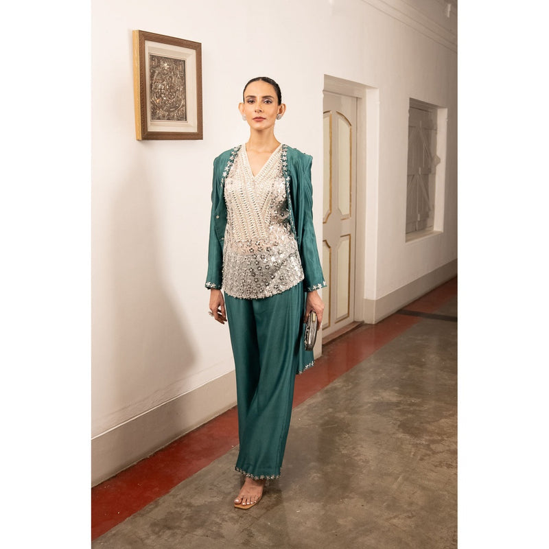 Saksham & Neharicka Green Top with Pant and Jacket (Set of 3)