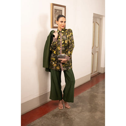 Saksham & Neharicka Green Printed Satin Shirt