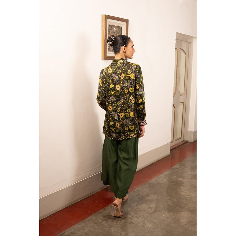 Saksham & Neharicka Green Printed Satin Shirt