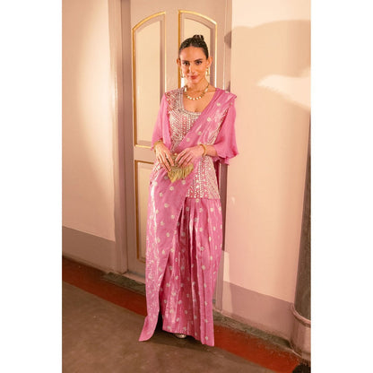 Saksham & Neharicka Pink Embellished Ready To Wear Saree with Stitched Blouse