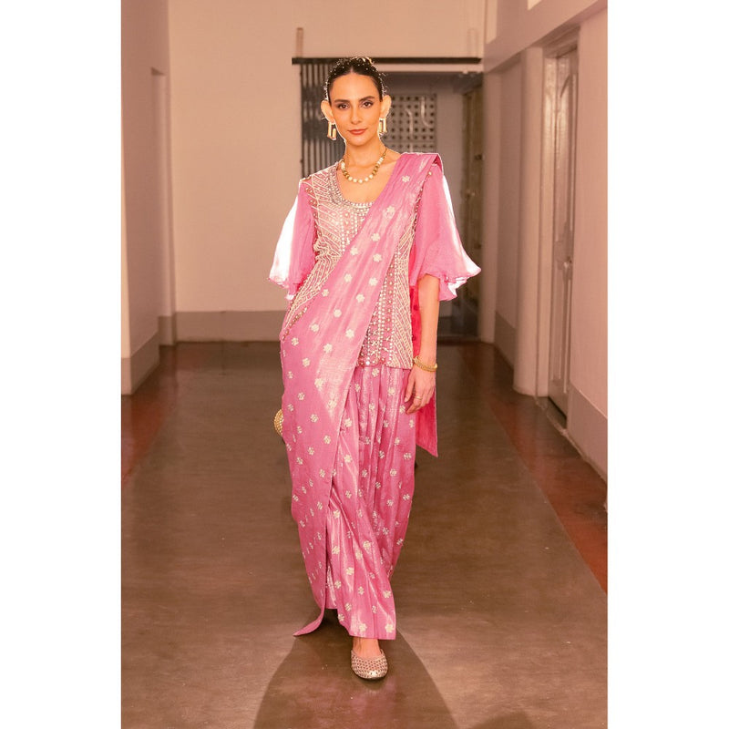 Saksham & Neharicka Pink Embellished Ready To Wear Saree with Stitched Blouse