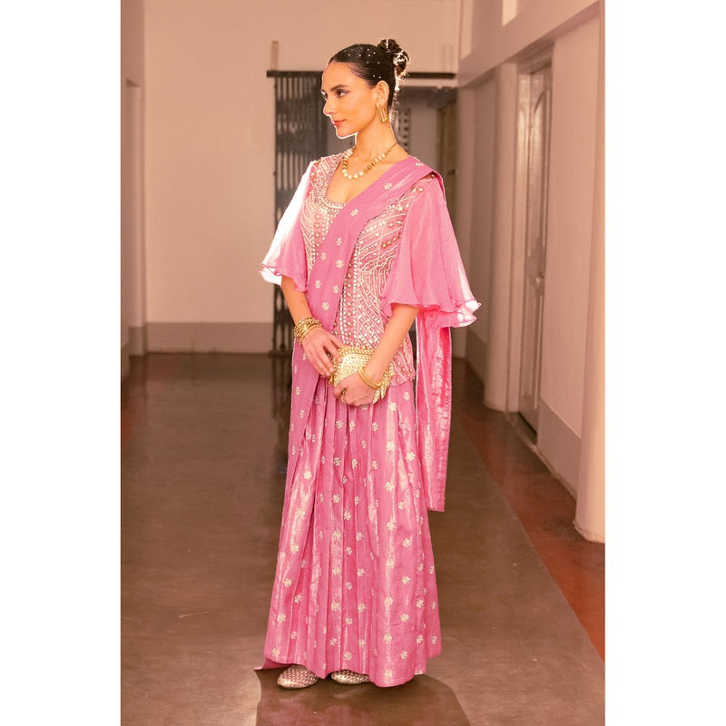 Saksham & Neharicka Pink Embellished Ready To Wear Saree with Stitched Blouse