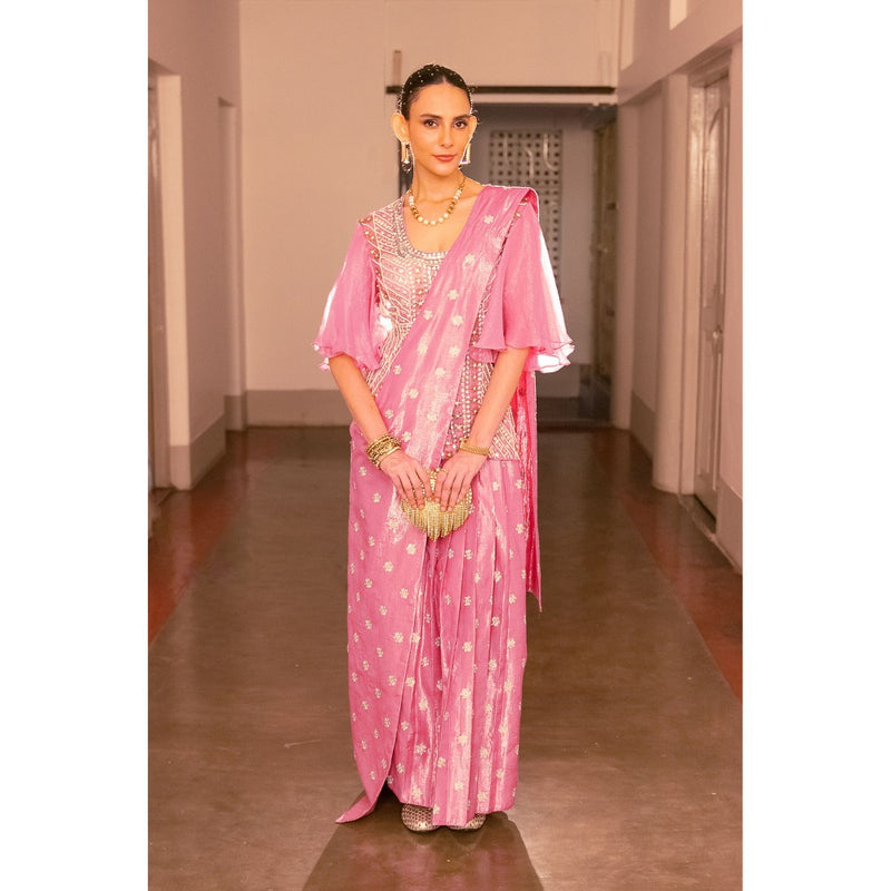 Saksham & Neharicka Pink Embellished Ready To Wear Saree with Stitched Blouse
