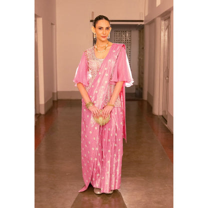 Saksham & Neharicka Pink Embellished Ready To Wear Saree with Stitched Blouse