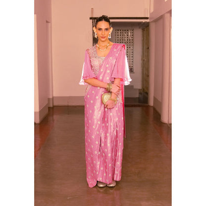 Saksham & Neharicka Pink Embellished Ready To Wear Saree with Stitched Blouse