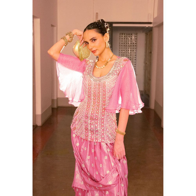 Saksham & Neharicka Pink Embellished Ready To Wear Saree with Stitched Blouse