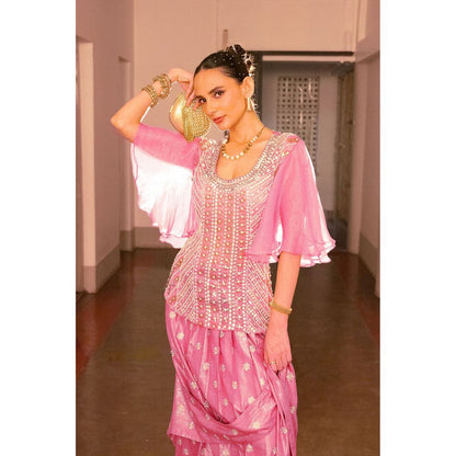 Saksham & Neharicka Pink Embellished Ready To Wear Saree with Stitched Blouse