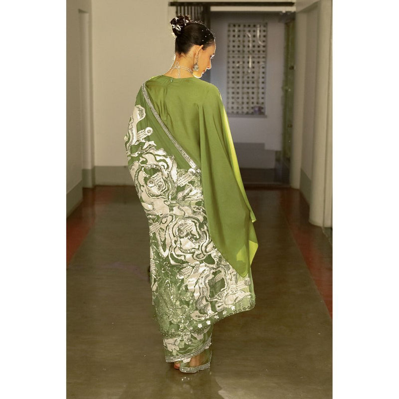 Saksham & Neharicka Olive Green Silk Organza Embellished Saree with Top