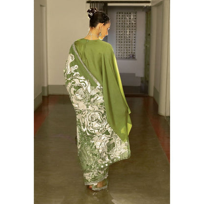 Saksham & Neharicka Olive Green Silk Organza Embellished Saree with Top