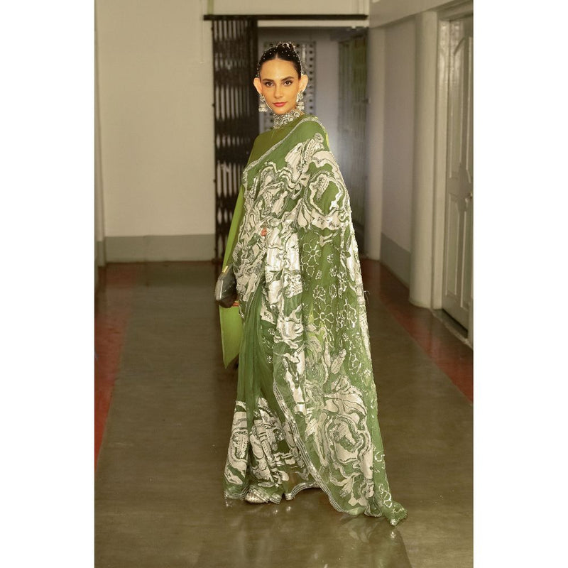 Saksham & Neharicka Olive Green Silk Organza Embellished Saree with Top
