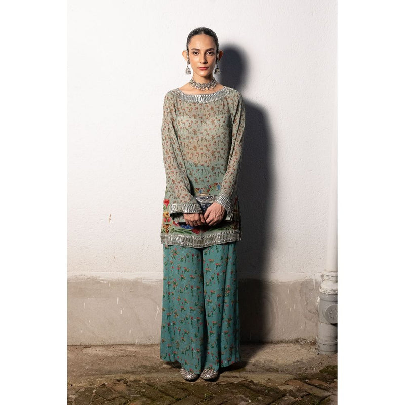 Saksham & Neharicka Teal Printed and Embroidered Kurta with Palazzo (Set of 2)