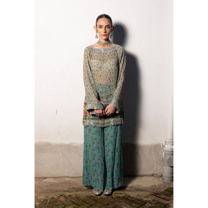 Saksham & Neharicka Teal Printed and Embroidered Kurta with Palazzo (Set of 2)