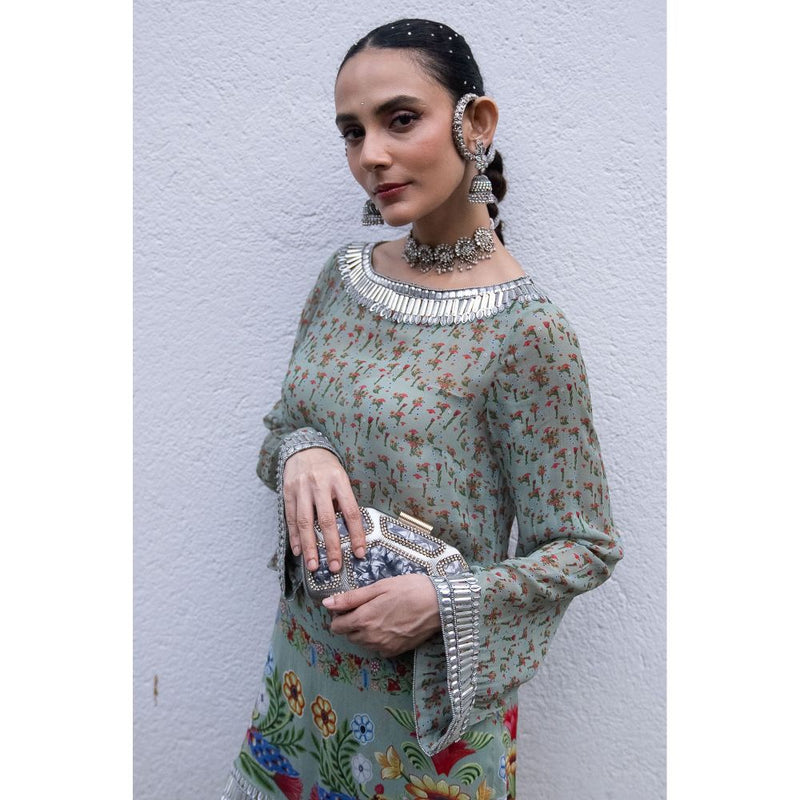 Saksham & Neharicka Teal Printed and Embroidered Kurta with Palazzo (Set of 2)