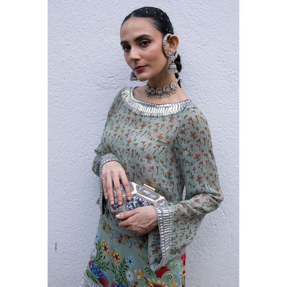 Saksham & Neharicka Teal Printed and Embroidered Kurta with Palazzo (Set of 2)