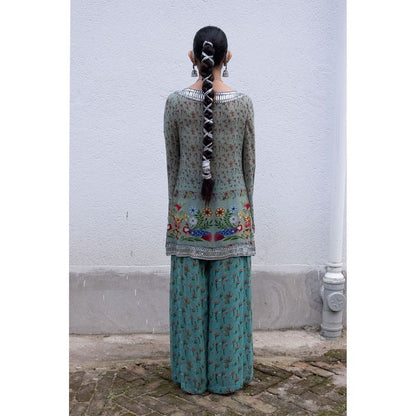 Saksham & Neharicka Teal Printed and Embroidered Kurta with Palazzo (Set of 2)