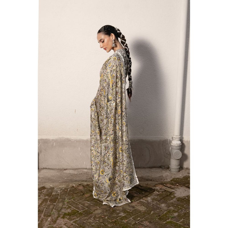 Saksham & Neharicka Grey Printed Saree with Stitched Blouse